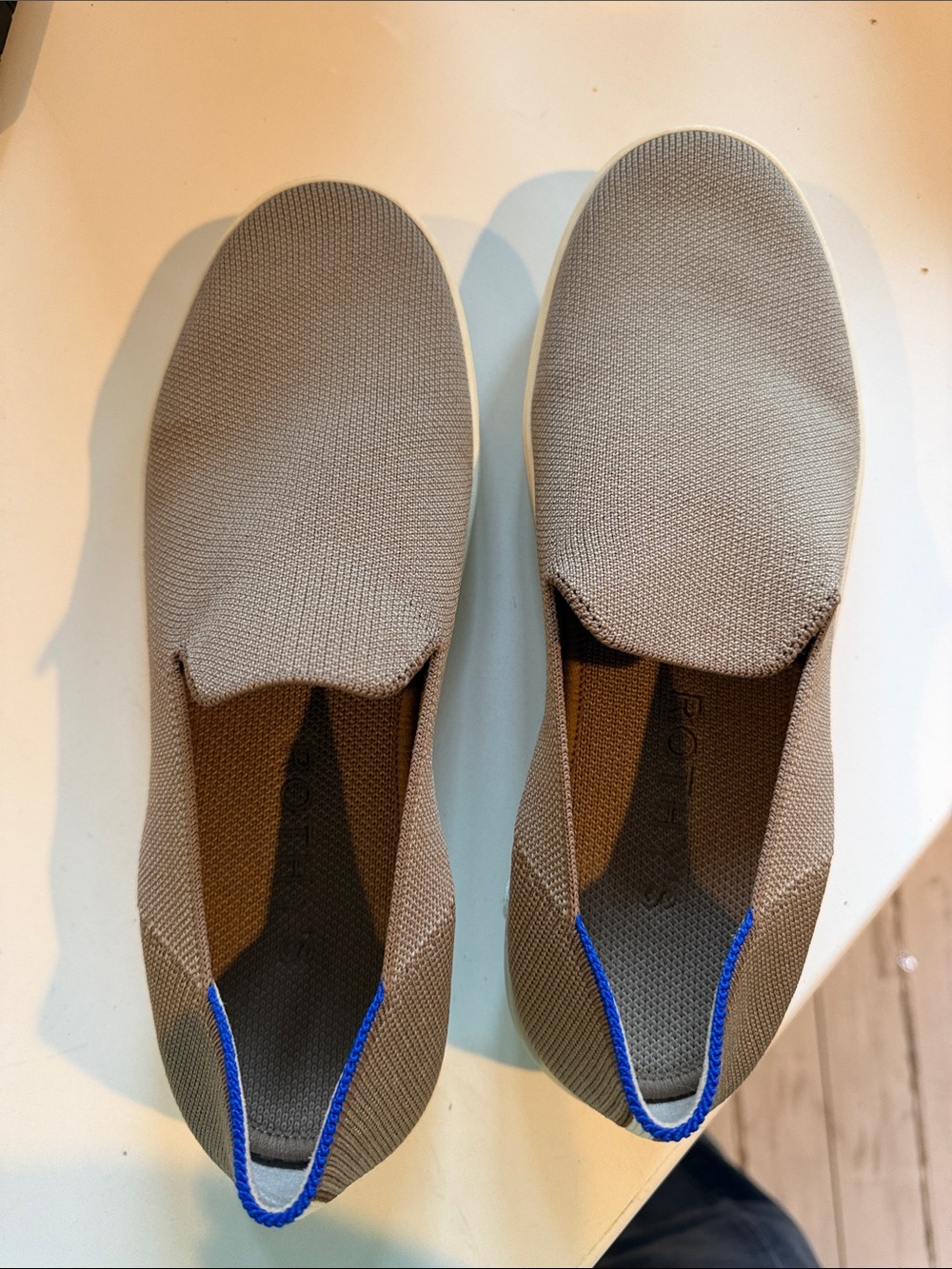 Rothy's Taupe Knit Slip-On Loafers with Blue Heel Trim